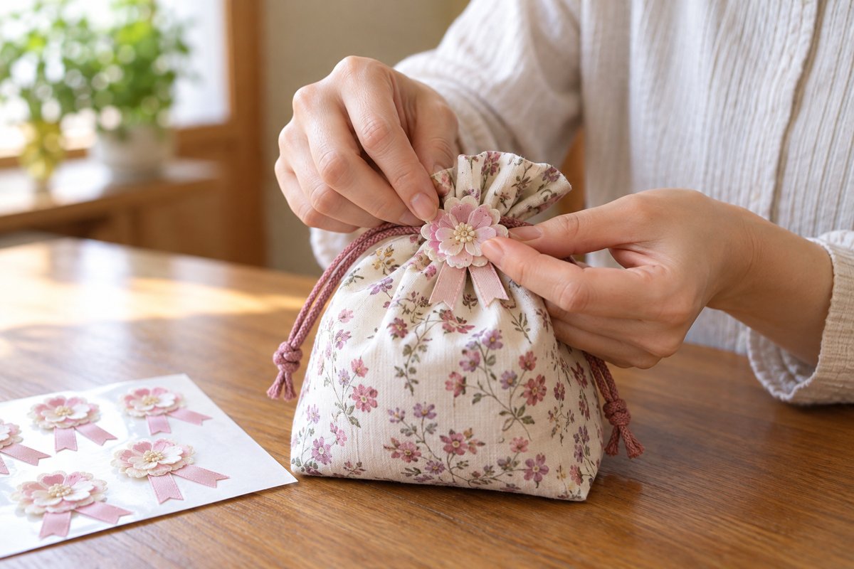 巾着の袋の口にリボン風の花のシールを貼るところ（仕上がりイメージ）
