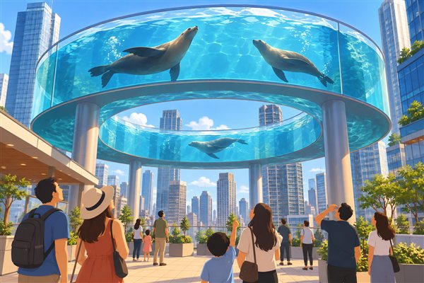 ビルの屋上にある水族館のアシカやペンギンのイメージイラスト