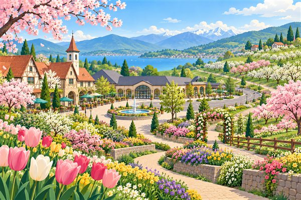 花畑と洋風の建物が並ぶフルーツ・フラワーパークのイメージイラスト