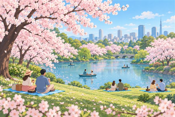 桜が満開の公園でお花見をするイメージイラスト