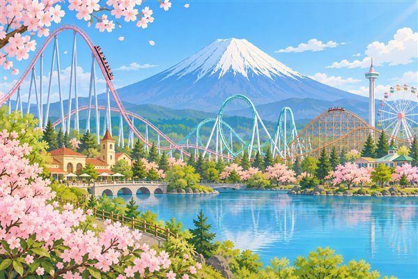 富士山の前にジェットコースターが並ぶ遊園地のイメージイラスト