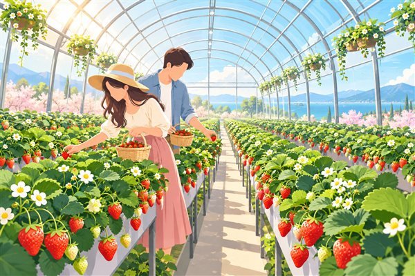 ビニールハウスでいちご狩りをするカップルのイメージイラスト
