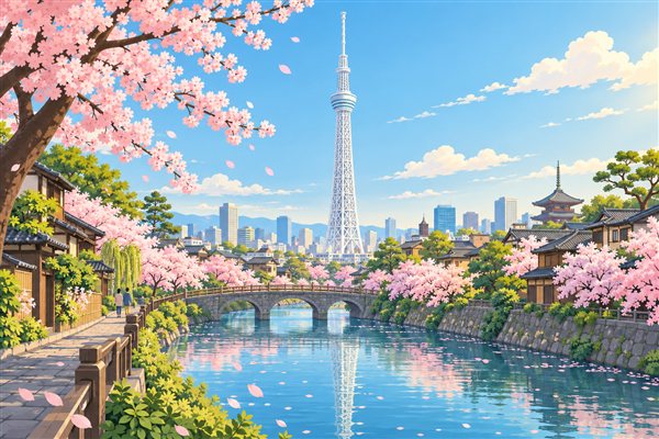 桜と川の向こうに高いタワーが見える春の東京のイメージイラスト