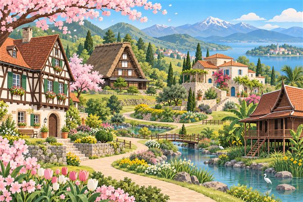 世界各国の家が並ぶ野外博物館のイメージイラスト