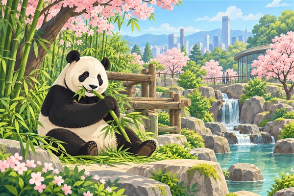 春の動物園でパンダが笹を食べているイメージイラスト