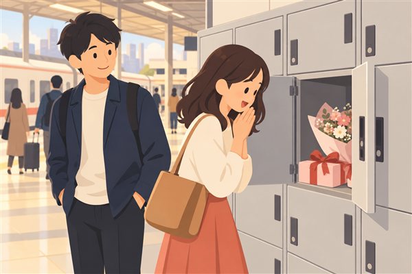 コインロッカーに隠したプレゼントを見つけるイメージイラスト