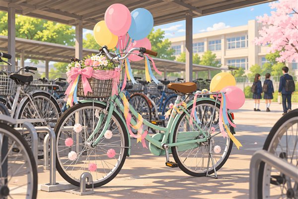 風船やリボンで飾った自転車のイメージイラスト