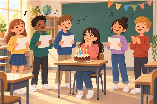 教室でクラスメイトが歌をプレゼントするイメージイラスト