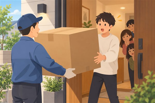 宅配便で大きなプレゼントが届くドッキリのイメージイラスト