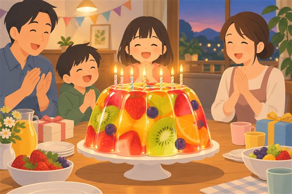 ケーキの代わりの巨大ゼリーのイメージイラスト