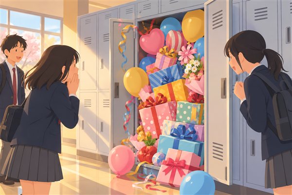 ロッカーにプレゼントを詰め込んだサプライズのイメージイラスト