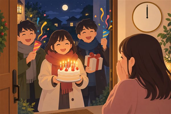 日付が変わると同時に家へ押しかけるサプライズのイメージイラスト