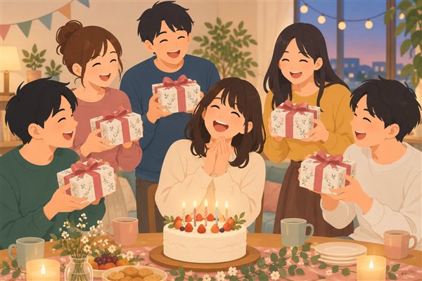 全員が同じプレゼントを渡すドッキリのイメージイラスト