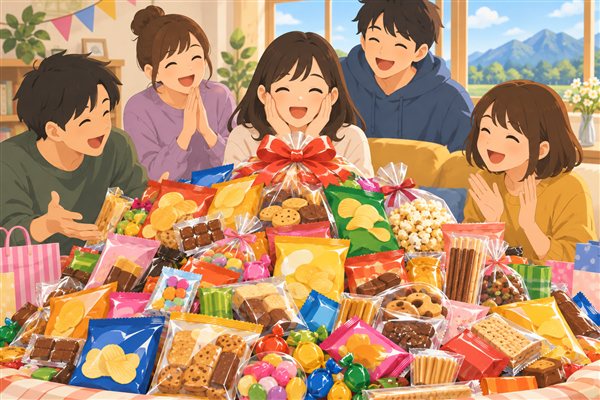 お菓子を山ほどプレゼントするイメージイラスト