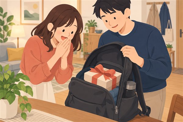 彼氏のカバンの中にプレゼントを見つけるイメージイラスト