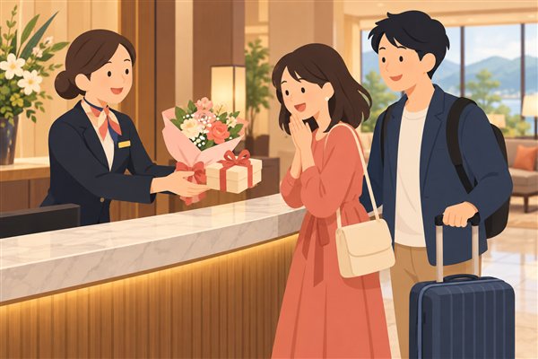 チェックアウトの時に花束を渡されるサプライズのイメージイラスト