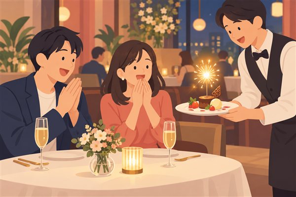 ディナー中にデザートプレートが運ばれるサプライズのイメージイラスト