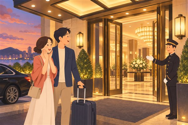 予定より豪華なホテルに到着して驚くイメージイラスト