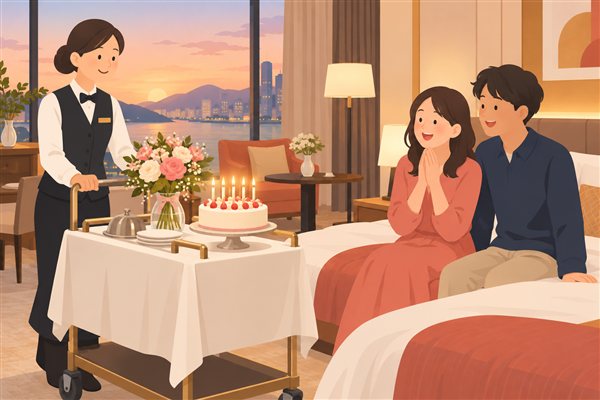 ルームサービスで誕生日ケーキが届くイメージイラスト