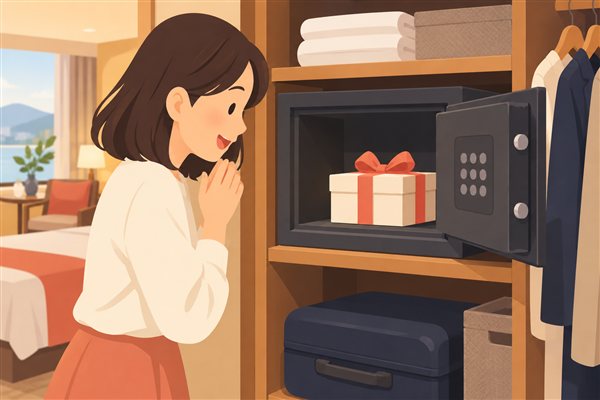 ホテルの金庫にプレゼントを隠すサプライズのイメージイラスト