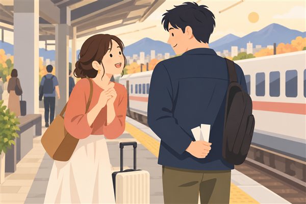 行き先を伝えずに誕生日旅行へ出かけるカップルのイメージイラスト