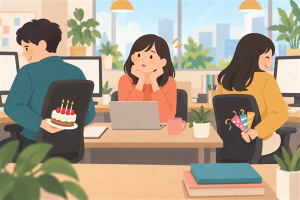 誕生日を忘れたふりをしてケーキを隠す友達のイメージイラスト