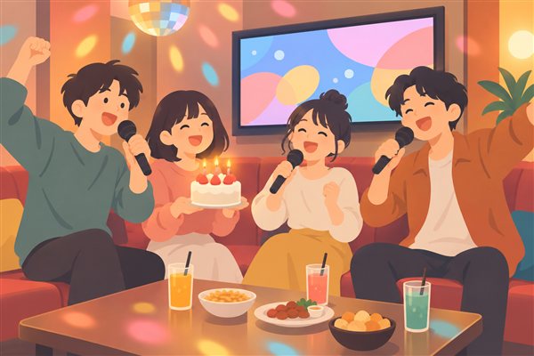 カラオケで誕生日の歌をみんなで歌うイメージイラスト