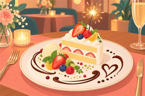 デザートプレートで誕生日を祝うイメージイラスト