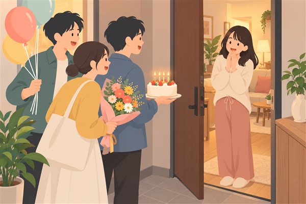 花束とケーキを持って友達の家をサプライズ訪問するイメージイラスト