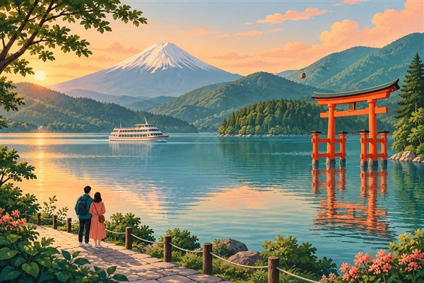 湖畔の赤い鳥居と遊覧船が見える箱根のイメージイラスト