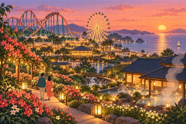 遊園地と温泉、花のイルミネーションがそろうリゾートのイメージイラスト