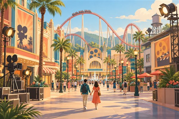 映画の世界をテーマにした遊園地を歩くカップルのイメージイラスト