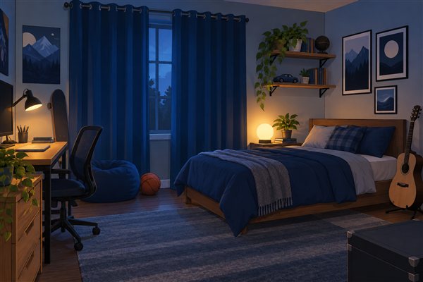 深い青のカーテンの部屋のイメージイラスト