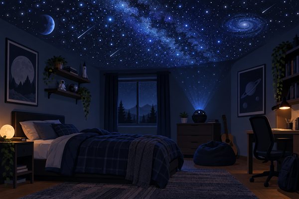 天井に星空を映す家庭用プラネタリウムのイメージイラスト