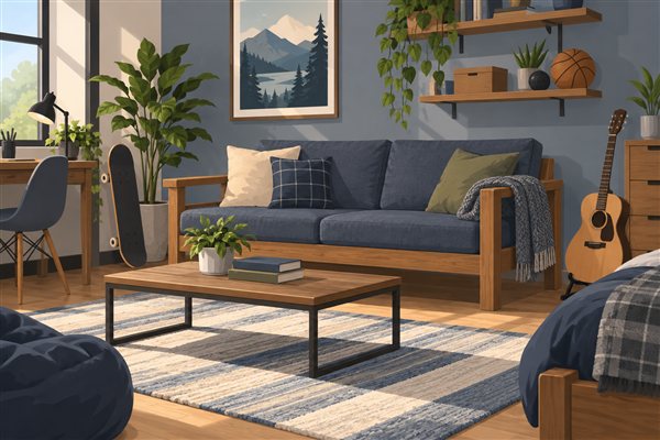 木製のソファがある落ち着いた部屋のイメージイラスト