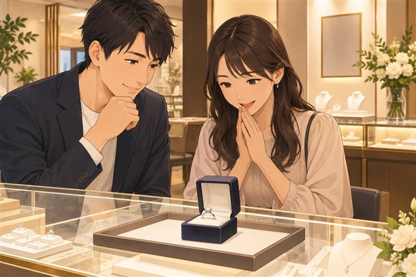 ジュエリー店で婚約指輪を選ぶイメージイラスト