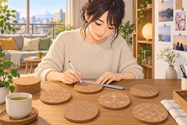 定規で幾何学模様を描いたコルクコースターのイメージイラスト