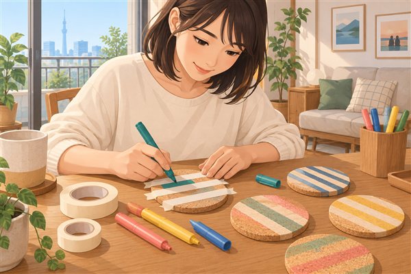 マスキングテープでしま模様にしたコルクコースターのイメージイラスト