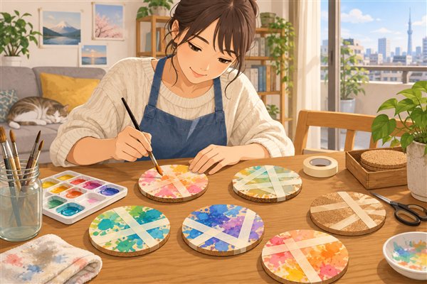 マスキングテープと絵の具で作ったコルクコースターのイメージイラスト