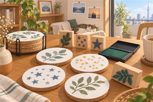 スタンプで模様を付けたコルクコースターのイメージイラスト