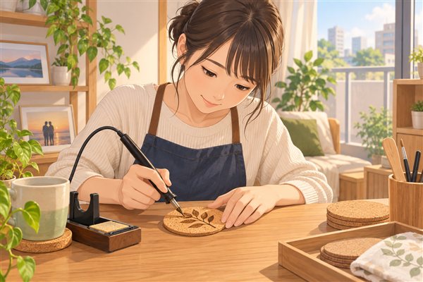 電気ペンで模様を描くコルクコースターのイメージイラスト