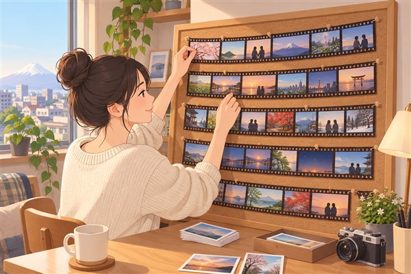 写真をフィルム風に並べたコルクボードのイメージイラスト