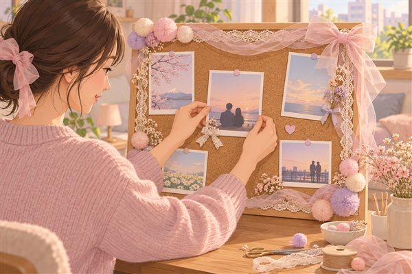 ふわふわの飾りで可愛くしたコルクボードのイメージイラスト