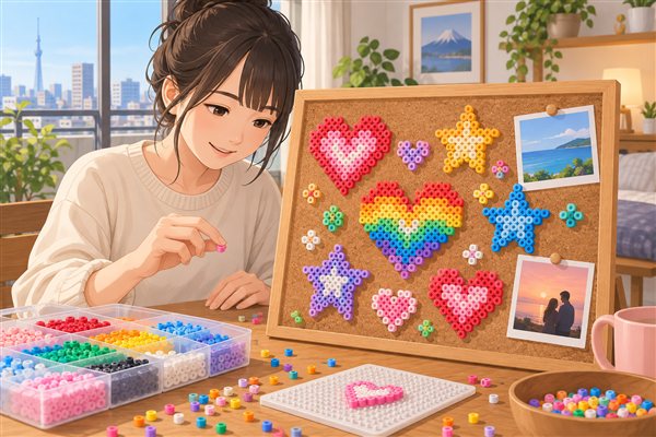 アイロンビーズで飾ったコルクボードのイメージイラスト