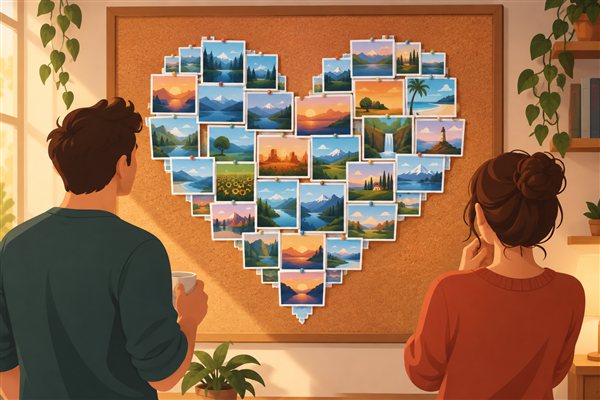 写真をハートの形に並べたコルクボードのイメージイラスト