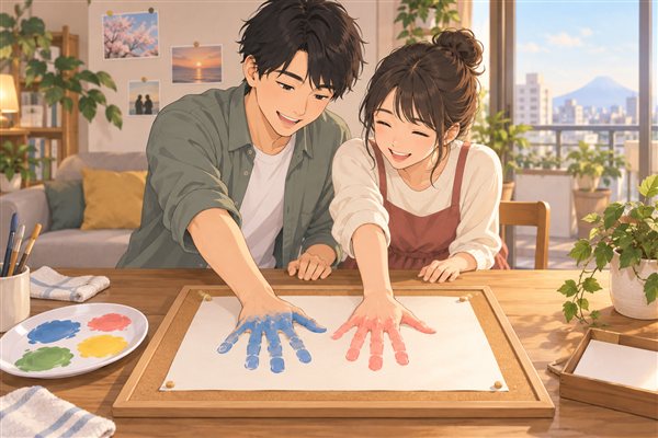 カップルで手形を付けるコルクボードのイメージイラスト