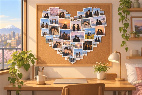 写真をハートの形に並べたコルクボードのイメージイラスト