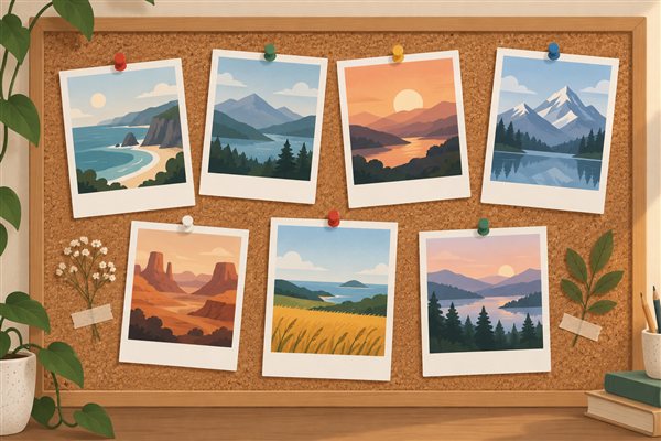 インスタント写真を飾ったコルクボードのイメージイラスト