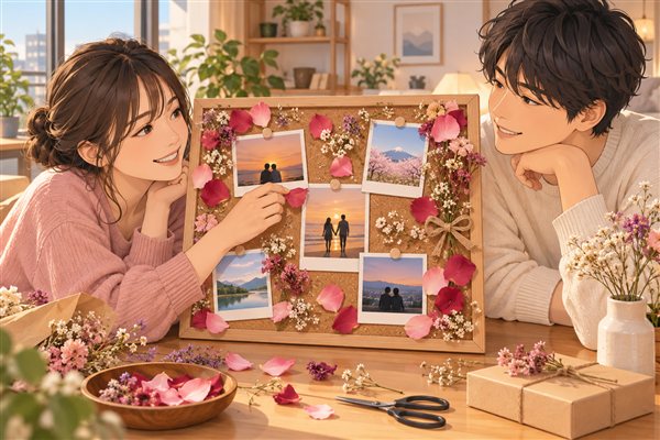 花びらで飾ったコルクボードのイメージイラスト