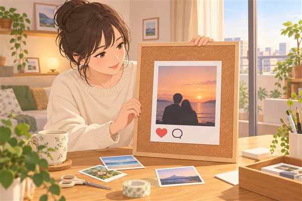 SNSの投稿風にアレンジしたコルクボードのイメージイラスト